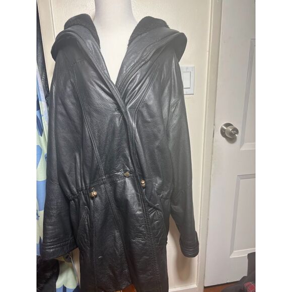 Venezia Leathers Coat Trench VTG Hooded Jacket Size 22/24 Faux Fur Goth Chic - Picture 2 of 6